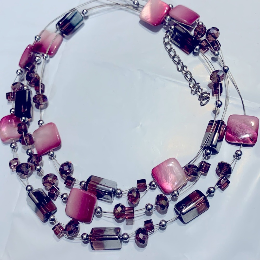 Floating Triple Strand Pink Shell & Purple Faceted Crystal Necklace #335